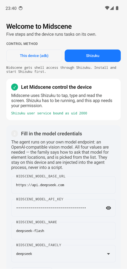 Setup step 1: choose a shell channel, and step 2: fill in the model credentials