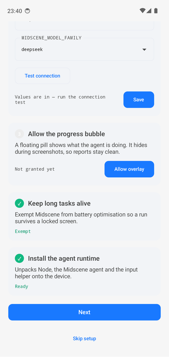 Setup steps 3 to 5: overlay permission, battery exemption, and the agent runtime