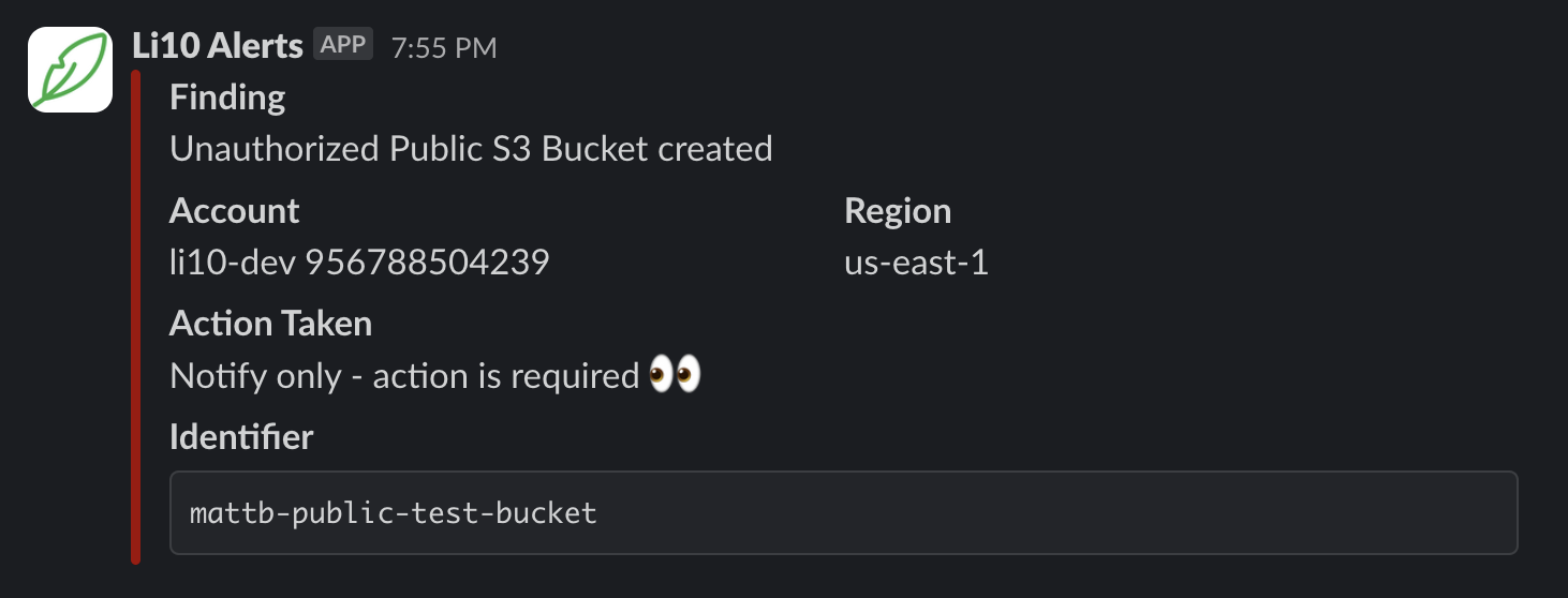 Li10 Alerts Slack notification example