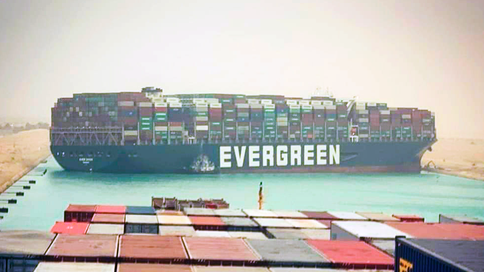 A photo of the "Ever Given", a ship that blocked the Suez Canal for a week