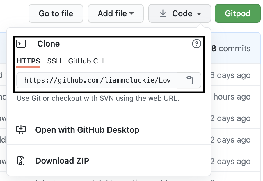 Screenshot of when the 'clone' button is clicked in a GitHub repository outlining the HTTPS copy link