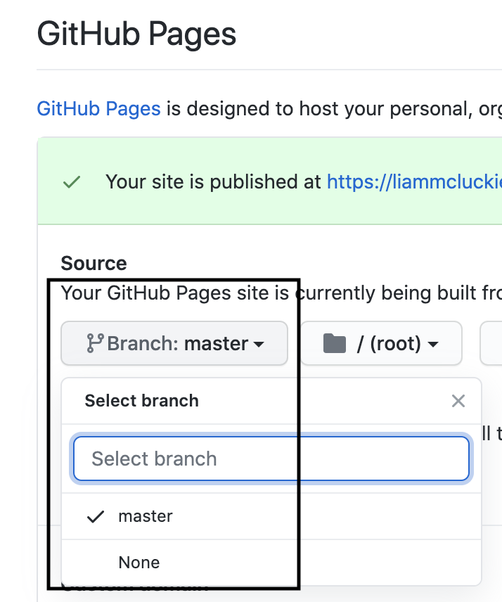 Screenshot of GitHub pages section in settings outlining the source label options