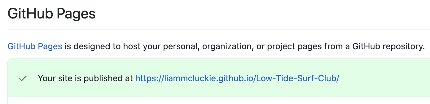 Screenshot of published GitHub pages website link