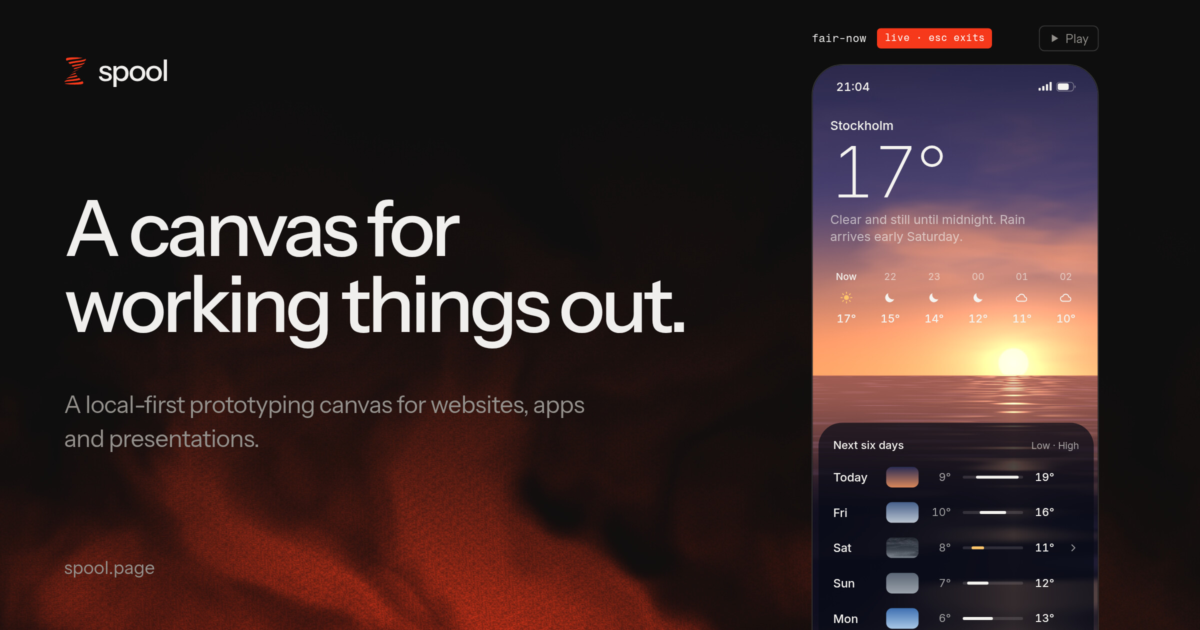 spool. A canvas for working things out. A weather app prototype playing live on the canvas.