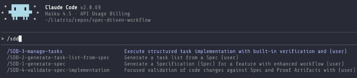 Example of slash commands installed in Claude Code