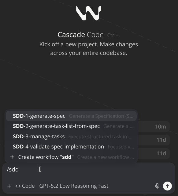 Example of slash commands installed in Windsurf