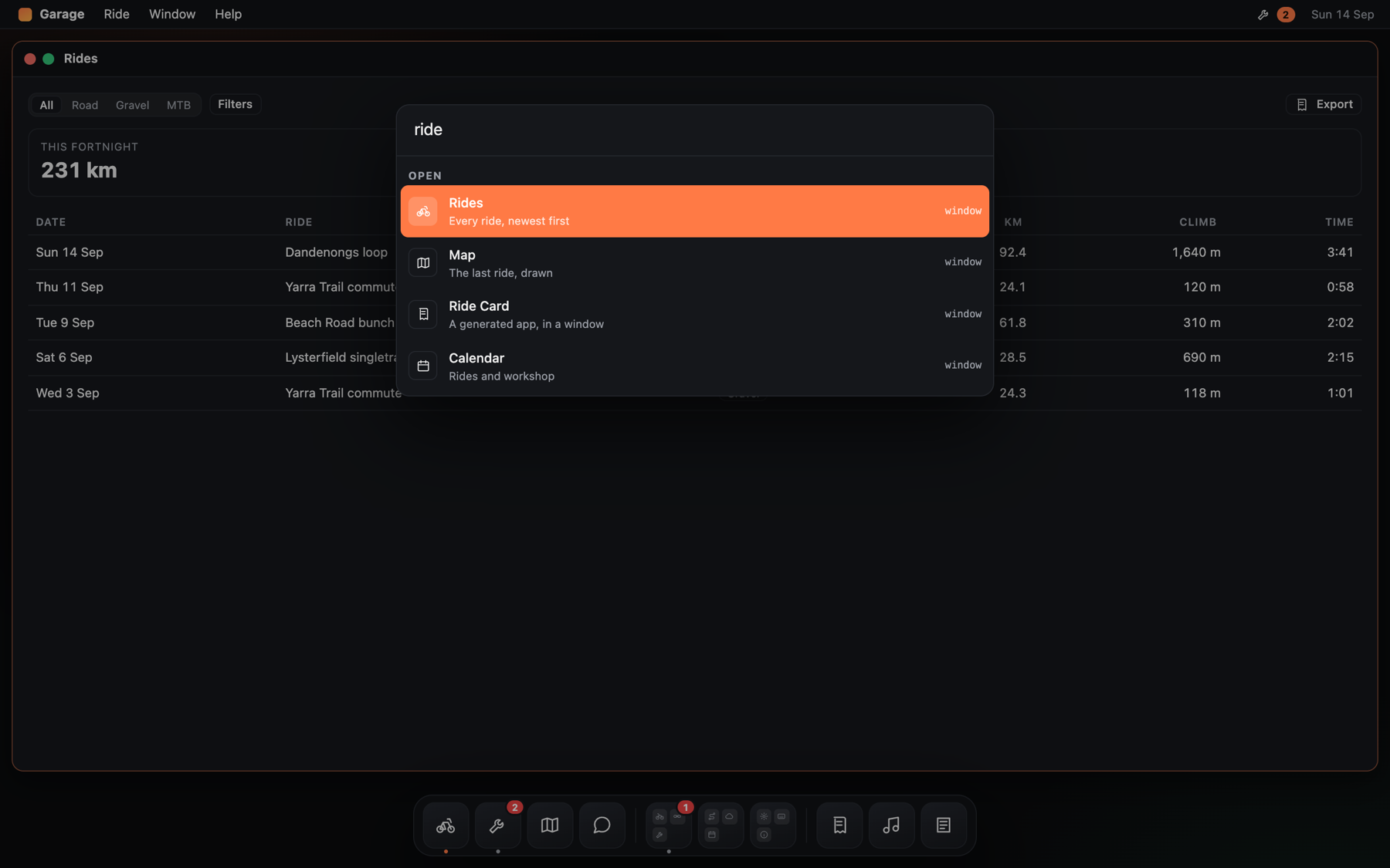 A search palette over the desk, showing matching windows