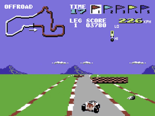 Capture d'écran de Buggy Boy sur Commodore 64, course de Elite Systems sorti en 1987