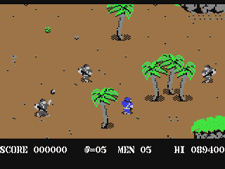 Capture d'écran de Commando sur Commodore 64, run and gun de Elite Systems sorti en 1985