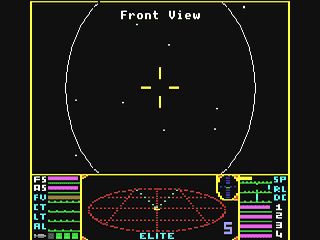 Capture d'écran de Elite sur Commodore 64, simulation spatiale de David Braben et Ian Bell sorti en 1985