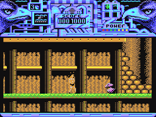 Capture d'écran de Hawkeye sur Commodore 64, action / plate-forme de Boys Without Brains sorti en 1988