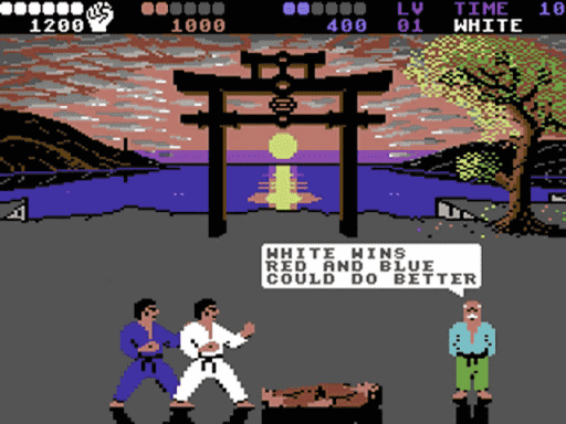 Capture d'écran de IK+ (International Karate +) sur Commodore 64, combat de System 3 sorti en 1987