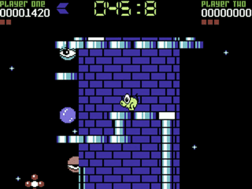 Capture d'écran de Nebulus sur Commodore 64, plate-forme de John M. Phillips sorti en 1987