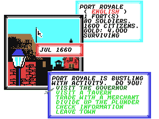 Capture d'écran de Pirates! sur Commodore 64, aventure / stratégie de MicroProse sorti en 1987