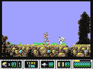 Capture d'écran de Turrican II: The Final Fight sur Commodore 64, run and gun de Factor 5 sorti en 1991