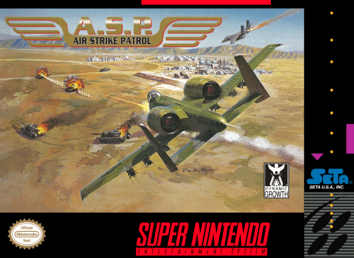 A.S.P. Air Strike Patrol SNES cover art reference for custom cartridge, NTSC-U version.