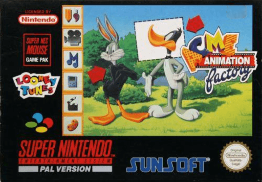 Acme Animation Factory SNES cover art reference for custom cartridge, PAL version.
