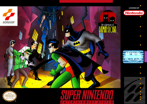 The Adventures of Batman & Robin SNES cover art reference for custom cartridge, PAL version.