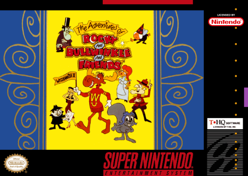 The Adventures of Rocky and Bullwinkle SNES cover art reference for custom cartridge, NTSC-U version.