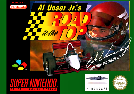Al Unser Jr.'s Road to the Top SNES cover art reference for custom cartridge, PAL version.