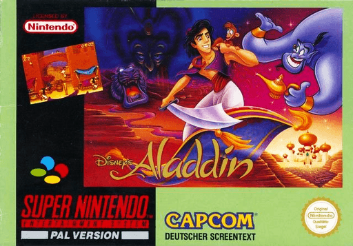 Aladdin SNES cover art reference for custom cartridge, PAL version.