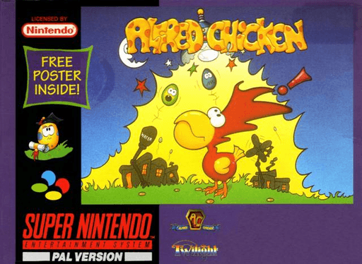 Alfred Chicken SNES cover art reference for custom cartridge, PAL version.