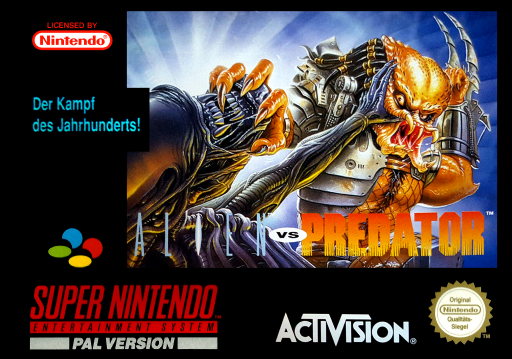 Alien vs Predator SNES cover art reference for custom cartridge, PAL version.