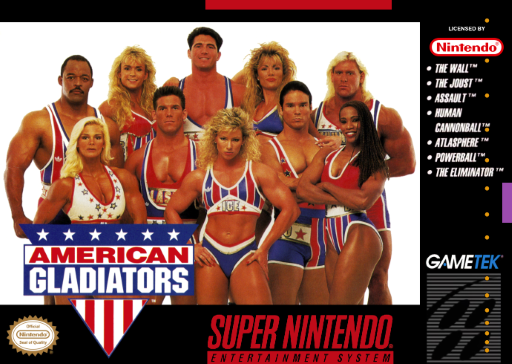 American Gladiators SNES cover art reference for custom cartridge, NTSC-U version.