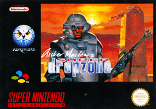 Archer Maclean's Super Dropzone SNES cover art reference for custom cartridge, PAL version.