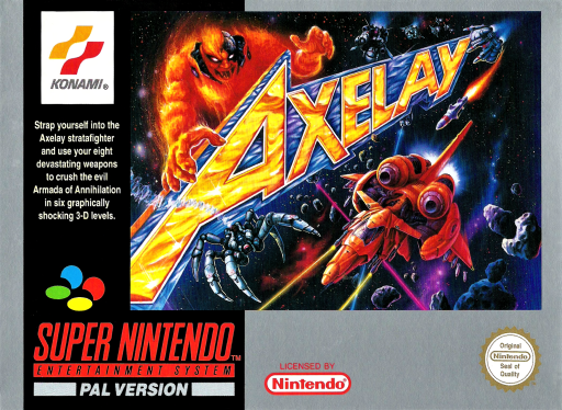 Axelay SNES cover art reference for custom cartridge, PAL version.