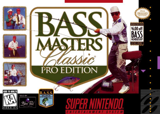 Bass Masters Classic: Pro Edition SNES cover art reference for custom cartridge, NTSC-U version.