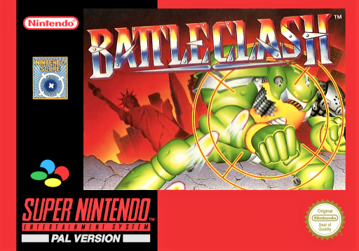 Battle Clash SNES cover art reference for custom cartridge, PAL version.