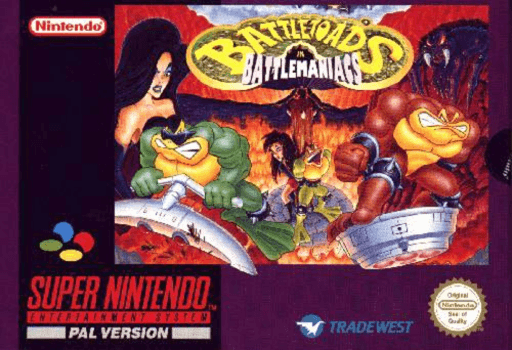 Battletoads in Battlemaniacs SNES cover art reference for custom cartridge, PAL version.