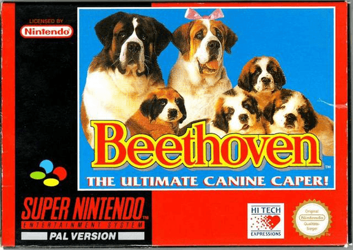 Beethoven: The Ultimate Canine Caper SNES cover art reference for custom cartridge, PAL version.