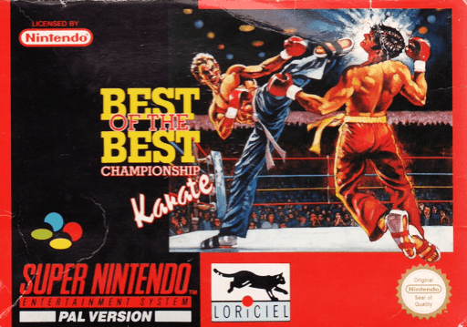 Best of the Best: Championship Karate SNES cover art reference for custom cartridge, PAL version.