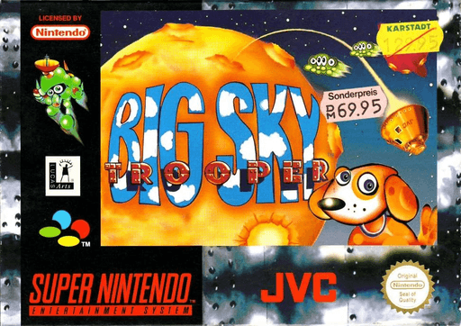Big Sky Trooper SNES cover art reference for custom cartridge, PAL version.