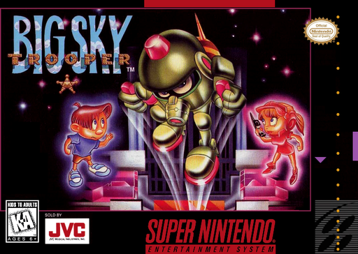 Big Sky Trooper SNES cover art reference for custom cartridge, NTSC-U version.