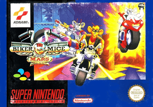 Biker Mice from Mars SNES cover art reference for custom cartridge, PAL version.