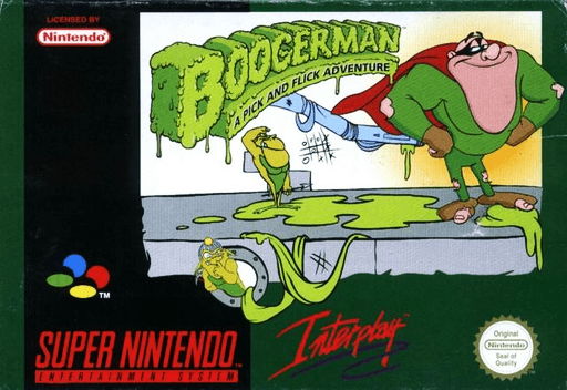 Boogerman: A Pick and Flick Adventure SNES cover art reference for custom cartridge, PAL version.