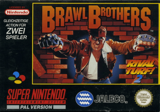 Brawl Brothers SNES cover art reference for custom cartridge, PAL version.
