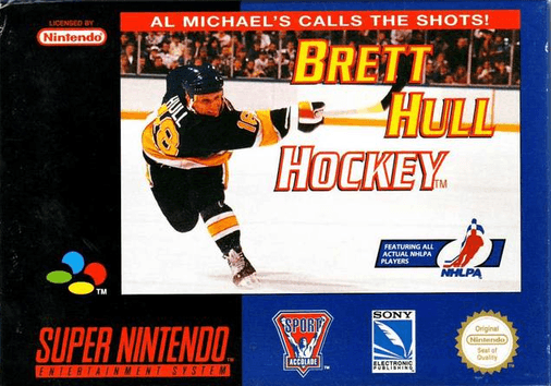 Brett Hull Hockey SNES cover art reference for custom cartridge, PAL version.