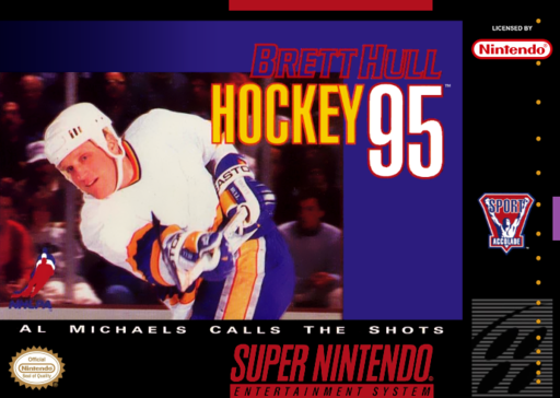 Brett Hull Hockey '95 SNES cover art reference for custom cartridge, NTSC-U version.
