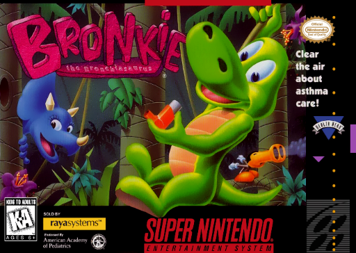 Bronkie the Bronchiasaurus SNES cover art reference for custom cartridge, NTSC-U version.