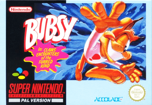 Bubsy in Claws Encounters of the Furred Kind SNES cover art reference for custom cartridge, PAL version.