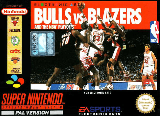 Bulls vs. Blazers and the NBA SNES cover art reference for custom cartridge, PAL version.