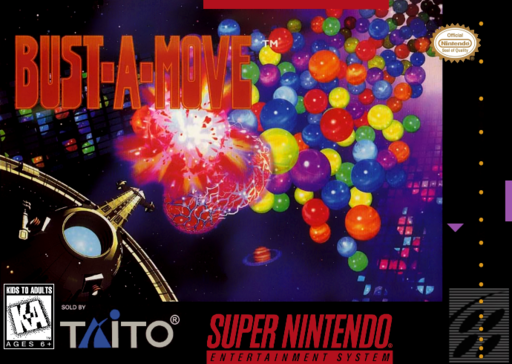 Bust-a-Move SNES cover art reference for custom cartridge, NTSC-U version.