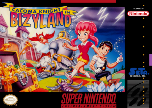 Cacoma Knight in Bizyland SNES cover art reference for custom cartridge, NTSC-U version.