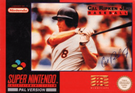 Cal Ripken Jr. Baseball SNES cover art reference for custom cartridge, PAL version.
