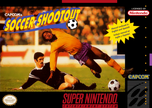 Capcom's Soccer Shootout SNES cover art reference for custom cartridge, NTSC-U version.