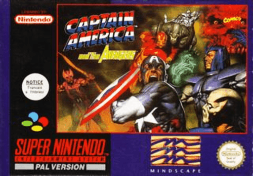 Captain America and The Avengers SNES cover art reference for custom cartridge, PAL version.